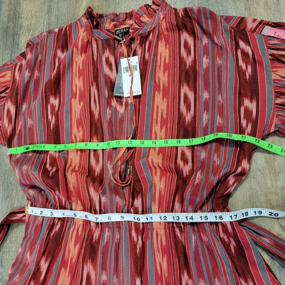 LAUREN Ralph Lauren Geo-Stripe Belted Cotton Voile Dress Red Women’s Size 16 NWT - Picture 13 of 16
